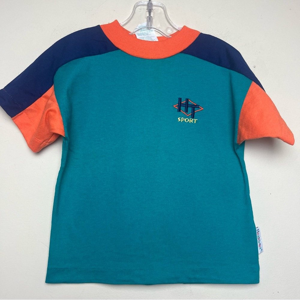 Vintage‎ 1990s Health-tex Sport T-Shirt Green Orange Blue Made in USA